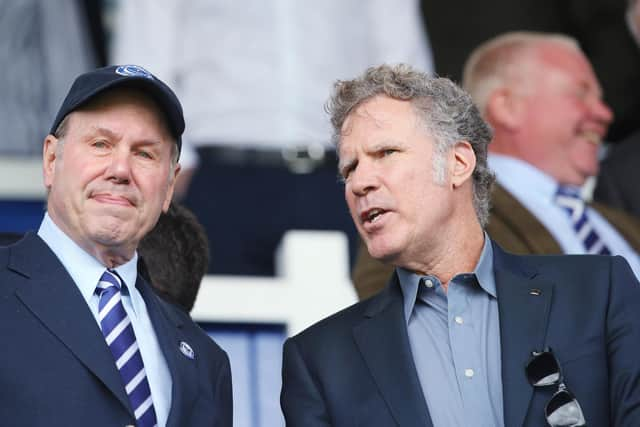 Pompey chairman Michael Eisner, left, with Hollywood actor Will Farrell at Fratton Park in 2019