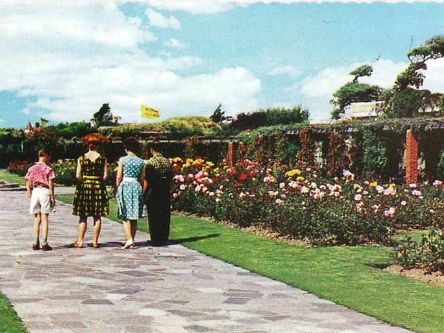 Southsea Rose Garden. A Summer view with Model Village flag beyond