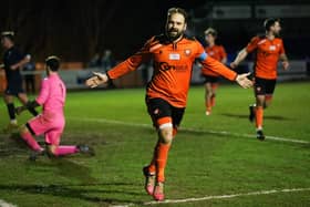 Brett Pitman celebrates one of his 50 goals this season for AFC Portchester. Picture: Nathan Lipsham