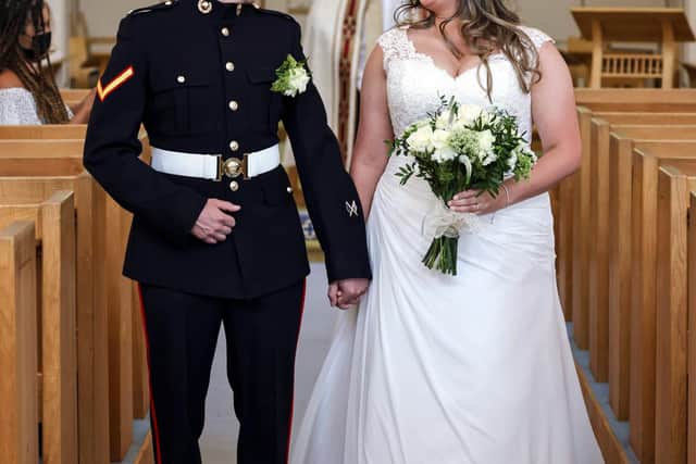 Fourth time's the charm for  Lance Corporal Jake Kennedy and his Petty Officer Naval Nurse Jo Parke as they finally tied the knot at St Ann's church in Portsmouth. All photos by LPhot Ben Corbett