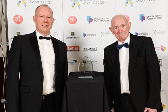 The News Business Excellence Awards 2021
Pictured is: Jeremy Howells, from lead sponsor University of Portsmouth, with Lifetime Achievement winner, Tony Barnett.
Picture: Keith Woodland (080721-54)