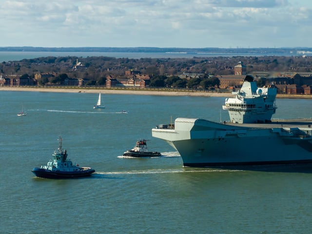default:HMS Prince of Wales sailing out of Portsmouth as she heads for a huge Nato deployment in the North Sea. Picture: Michael Woods - Solent Sky Services.