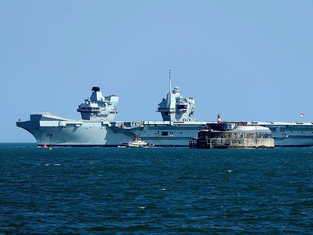 HMS Queen Elizabeth passing the Spitbank Fort on the afternoon of June 9. Picture: Alison Treacher.