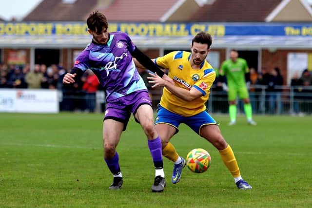 Gosport defender Harry Medway in action during the win against Tiverton. Picture by Tom Phillips