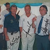 Flashback to 2000 and the last ever Championship game played at Burnaby Road in Portsmouth. This picture was taken in the Portsmouth Area Committee’s marquee during the match against Kent when Shane Warne had a memorable duel with Indian superstar Rahul Dravid. The latter made a century before Hampshire's ‘other’ leg spinner, Giles White, dismissed him. Robin Smith, who bowled the occasional leg-break for Hampshire, and Alan Castell  - the previous specialist Hampshire leg-spinner before Warne's arrival - are also pictured. Photo courtesy of Dave Allen.