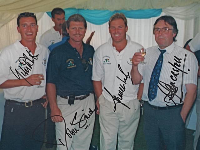 Flashback to 2000 and the last ever Championship game played at Burnaby Road in Portsmouth. This picture was taken in the Portsmouth Area Committee’s marquee during the match against Kent when Shane Warne had a memorable duel with Indian superstar Rahul Dravid. The latter made a century before Hampshire's ‘other’ leg spinner, Giles White, dismissed him. Robin Smith, who bowled the occasional leg-break for Hampshire, and Alan Castell  - the previous specialist Hampshire leg-spinner before Warne's arrival - are also pictured. Photo courtesy of Dave Allen.