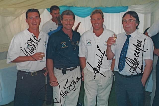 Flashback to 2000 and the last ever Championship game played at Burnaby Road in Portsmouth. This picture was taken in the Portsmouth Area Committee’s marquee during the match against Kent when Shane Warne had a memorable duel with Indian superstar Rahul Dravid. The latter made a century before Hampshire's ‘other’ leg spinner, Giles White, dismissed him. Robin Smith, who bowled the occasional leg-break for Hampshire, and Alan Castell  - the previous specialist Hampshire leg-spinner before Warne's arrival - are also pictured. Photo courtesy of Dave Allen.