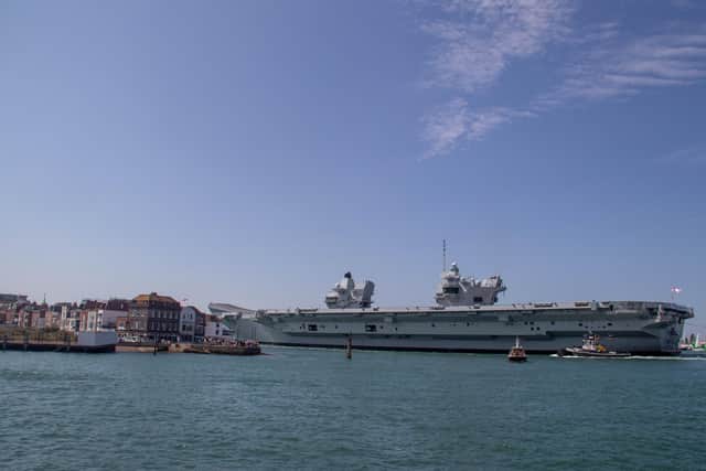 HMS Prince of Wales leaving Portsmouth on Friday 2nd August 2024
Pictured: View of HMS Prince of Wales going past Spice Island
Picture: Habibur Rahman