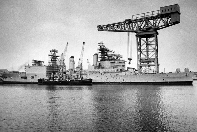 View from Fountain Lake jetty across to HMS Tiger undergoing a refit and the dockyard's 250 ton crane in October 1975. The News PP4195