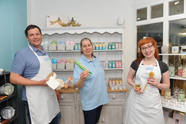 Bath & Wick in Warwick Lane, Wickham, are launching a community project running on crowdfunder.co.uk and are looking to raise funds to create a fully eco friendly shop that sells not only their products but also local producers or handmade products from the local community.
Pictured is: (l-r) David Beedle, owner, Julia Locke, head of production, and Satin Bailey, general manager.
Picture: Sarah Standing (010421-5880)