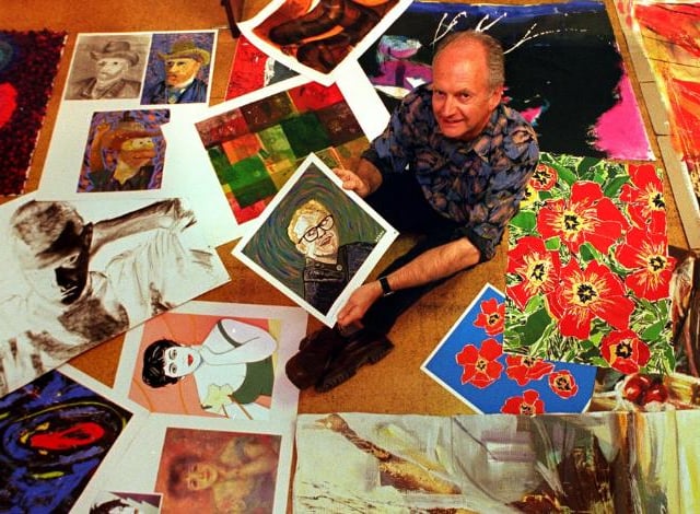 Steve Reddy from Doncaster College surrounded by students work, December 1998.