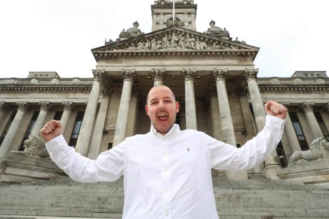 Independent candidate George Madgwick celebrates on the Guildhall steps after winning a seat in Paulsgrove
Picture: Stuart Martin (220421-7042)