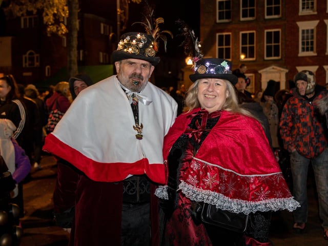 Mike Fox (57) and Hayley Fox (57) from the Gosport Steampunk Society show their festive flair. Picture: Mike Cooter (251123)