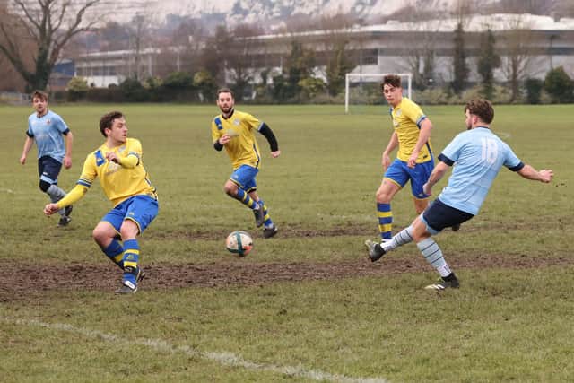 Chris Browne scores for Portchester. Picture by Kevin Shipp