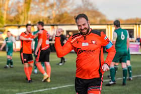Brett Pitman celebrates one of his 28 Wessex League goals in only 19 starts for AFC Portchester. Picture by Daniel Haswell.