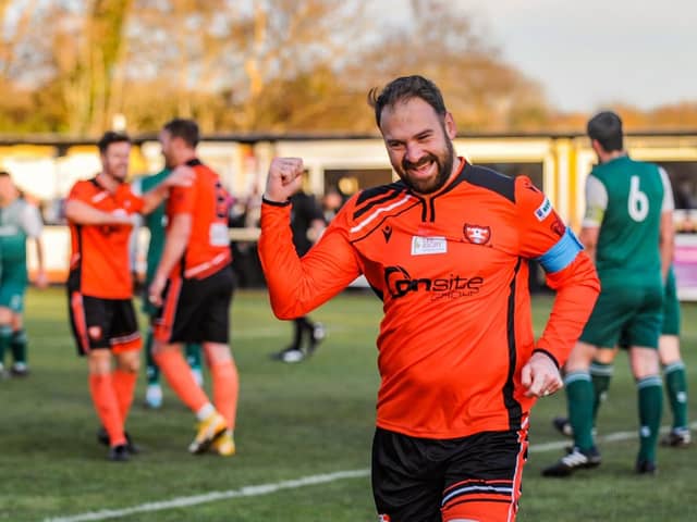 Brett Pitman celebrates one of his 28 Wessex League goals in only 19 starts for AFC Portchester. Picture by Daniel Haswell.