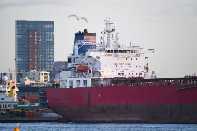 The Nave Andromeda in the port on October 26, 2020 in Southampton, England. The 228-metre, Liberian-registered oil tanker was carrying oil from Nigeria to the port of Southampton when it was subjected to a suspect hijacking by stowaways off the coast of the Isle of Wight on the South Coast of the British Isles.  (Photo by Finnbarr Webster/Getty Images)