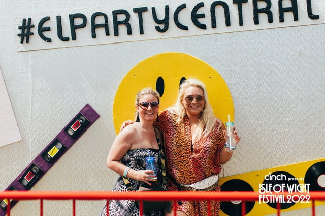 Posing at the #ELPartyCentral sign on the opening Thursday of the Isle of Wight Festival, 2022