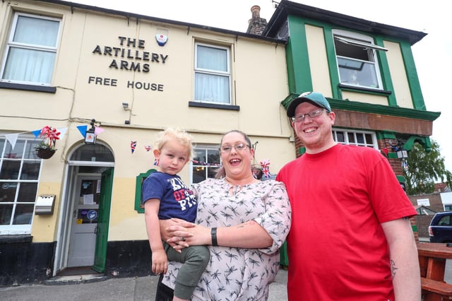 Landlady Katie Jones pictured with her husband Jonathan and their son Bowie age two. Picture: Stuart Martin (220421-7042)