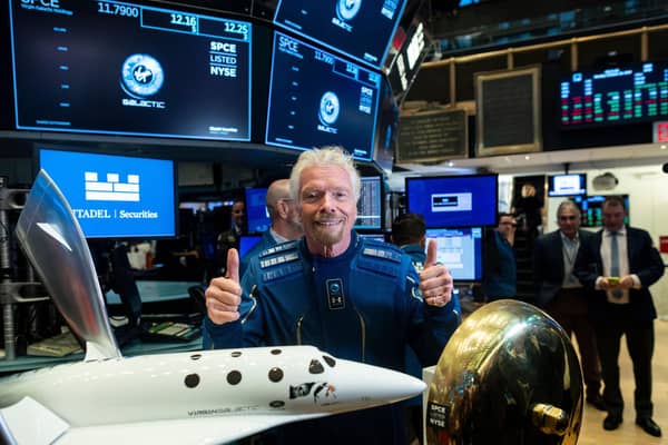 Richard Branson, Founder of Virgin Galactic poses before ringing the First Trade Bell to commemorate the company's first day of trading on the New York Stock Exchange (NYSE) on October 28, 2019 in New York City. (Photo by Johannes EISELE / AFP) (Photo by JOHANNES EISELE/AFP via Getty Images)