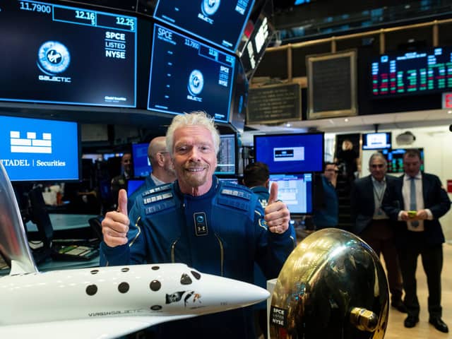 Richard Branson, Founder of Virgin Galactic poses before ringing the First Trade Bell to commemorate the company's first day of trading on the New York Stock Exchange (NYSE) on October 28, 2019 in New York City. (Photo by Johannes EISELE / AFP) (Photo by JOHANNES EISELE/AFP via Getty Images)