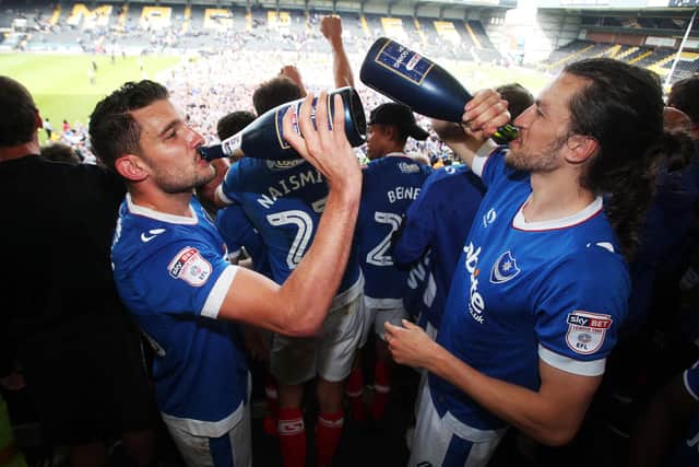 Gareth Evans celebrates promotion with Pompey at Notts County in 2017. Picture: Joe Pepler