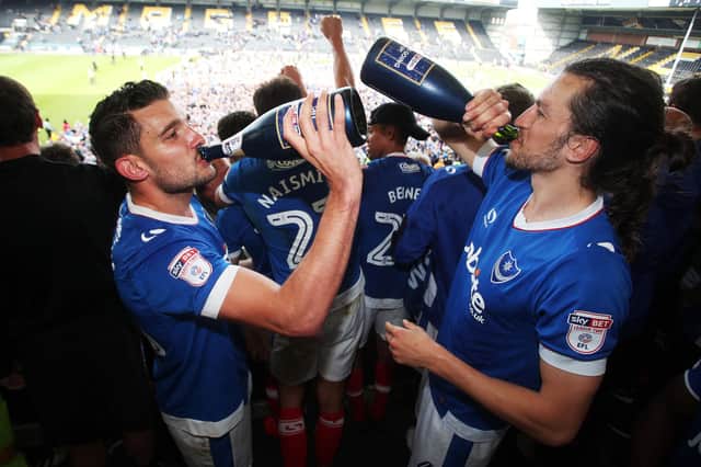 Gareth Evans celebrates promotion with Pompey at Notts County in 2017. Picture: Joe Pepler