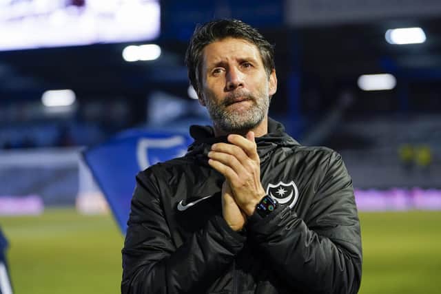 Danny Cowley applauds the fans after Pompey's Papa John's Trophy win against Stevenage in midweek.