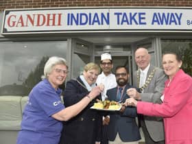 Gandhi Indian takeaway in Anjou Crescent, Fareham, held a charity fundraising evening on Monday. From left, volunteer event chair for Cancer Research UK relay for life Portsmouth Jayne Bowater, Mayoress of Fareham Anne Ford, Pinak Deb, Gandhi owner Abu-Suyeb Tanzam, Mayor of Fareham Mike Ford and Cllr Tina Ellis for Fareham West ward Picture: Sarah Standing (250423-2430)