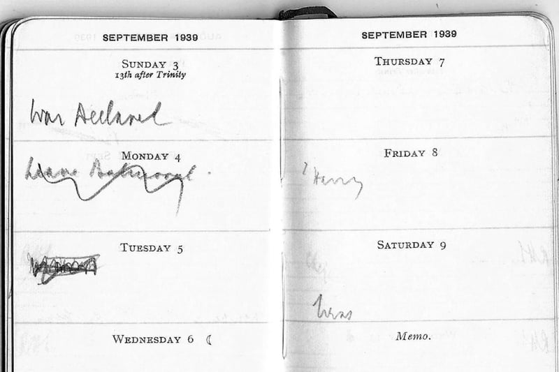 Prime Minister Neville Chamberlain's diary showing the entry for the day he declared war on Germany on September 3, 1939. Picture: Imperial War Museum/PA Wire 