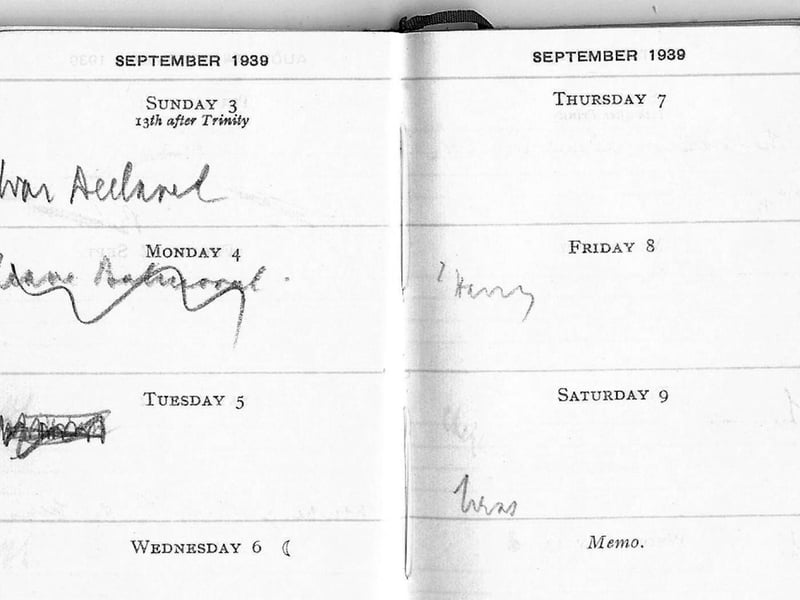 Prime Minister Neville Chamberlain's diary showing the entry for the day he declared war on Germany on September 3, 1939. Picture: Imperial War Museum/PA Wire 