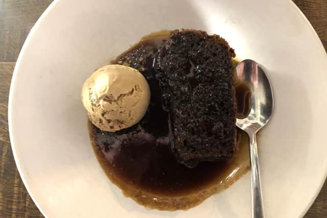 The Still and West: The vintage ale sticky toffee pudding, with toffee sauce and Fullers buffalo milk salted caramel ice cream (£6).