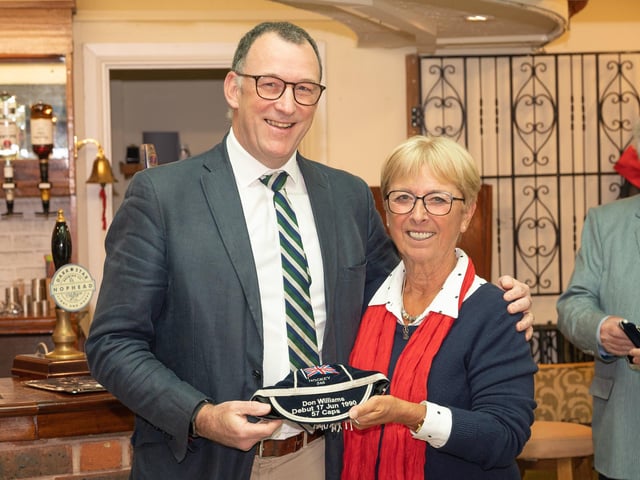 Don Williams receives his GB cap from Sheila Monroe. Picture: Keith Woodland