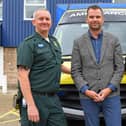 SCAS Technical Team Leader Dave Gardiner with (right) SCAS Emergency Care Assistant Chris Adoo who responded to an emergency call when Jamie collapsed just 400 metres from the Finish Line of the 2018 Great South Run on Southsea seafront 

Picture: Malcolm Wells (190610-2162)