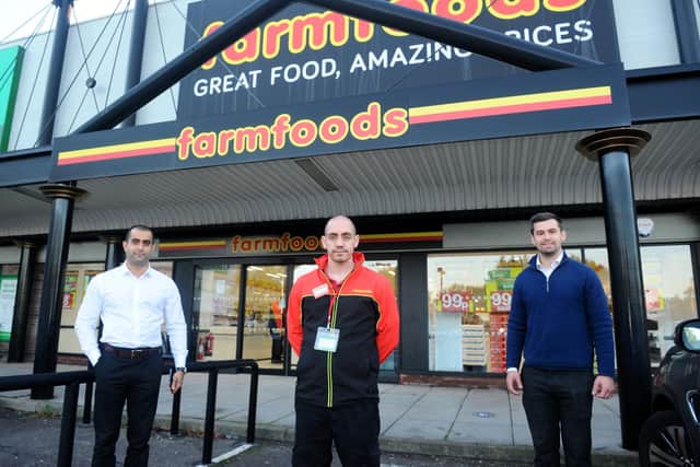 Farmfoods officially opened in Collingwood Retail Park, Newgate Lane, Fareham, on Friday, October 23.Pictured is: (l-r) Zaifran Hussain, regional manager, Chris Conway, store manager, and Ryan Martin, area manager.Picture: Sarah Standing (231020-6482)