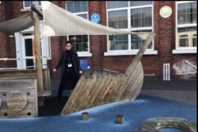 Lyndhurst Junior School headteacher, Ali Beechurst, leads the dancing in the playground.