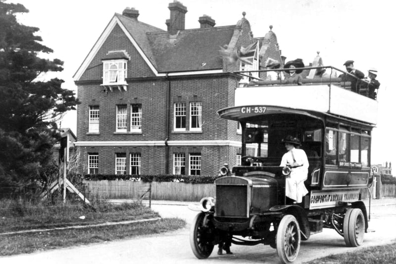 A Provincial Tramways bus waiting on Marine Parade, Lee on the Solent, with the old Pier Hotel in the background