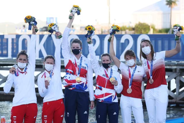 From left - silver medalists Agnieszka Skrzypulec and Jolanta Ogar of Team Poland, gold medalists Hannah Mills and Eilidh McIntyre of Team GB, and bronze medalists Camille Lecointre and Aloise Retornaz of Team Franc. Photo by Phil Walter/Getty Images.