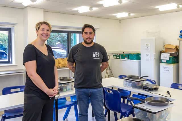 Sam Paulton (42, CM Foundation Manager) and John Brooke (42, Development Chef) with their demonstration equipment at Landport Community Centre. Picture: Mike Cooter (231022)