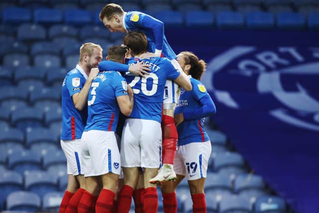 Portsmouth's Tom Naylor scores his first goal of the match
