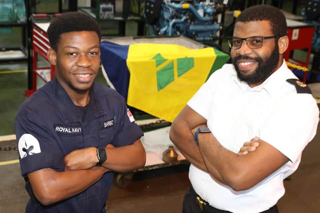 Leading Engineering Technician (Marine Engineering) Stevan Barbour, 34, right, pictured with and his younger sibling Shaquille, who is training to become a Marine Engineering Technician at HMS Sultan. Photo: Royal Navy