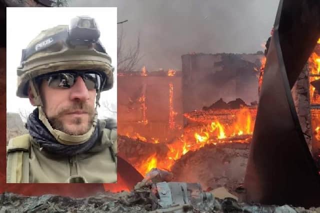 Veteran sniper Shane Matthew, inset, narrowly managed to avoid a Russian artillery strike which left this building in flames.