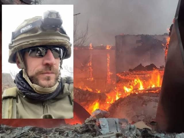 Veteran sniper Shane Matthew, inset, narrowly managed to avoid a Russian artillery strike which left this building in flames.