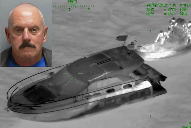 Convicted paedophile and fraudster Charles Lynch, also known as Wolfram Steidl, has been jailed at Portsmouth Crown Court for trying to smuggle eight Albanians to Britain from France on November 6, 2019. A coastguard helicopter caught the moment Border Force intercepted a 46ft motor cruiser. Picture: National Crime Agency