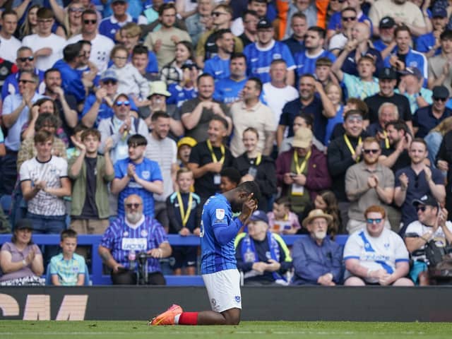 Christian Saydee celebrates levelling for Pompey in the 55th minute in the final day draw against Hull. Picture: Jason Brown/ProSportsImages