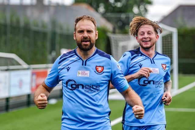Brett Pitman, left, and Marley Ridge after the former had put AFC Portchester 4-2 up at Shaftesbury. Picture by Daniel Haswell