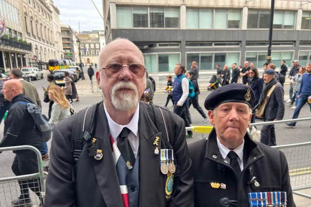 Guy 'Tug' Wilson, veteran of HMS Sheffield during the Falklands War, with fellow Royal Navy veteran Petty Officer Jane Timms.