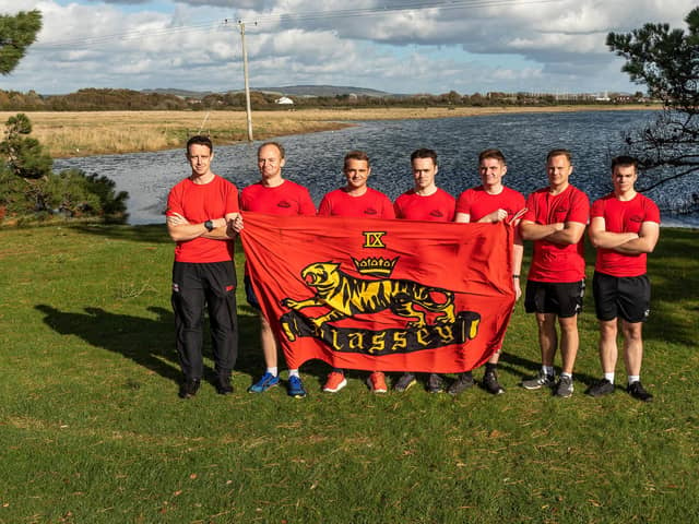 Soldiers from 9 (Plassey) Battery Royal Artillery taking on a charity Ironman triathlon. Pictured: Lbdr Chris King (28), WO2 Phil Logan (38), Sgt Danny Jeffreys (32), 2Lt Toby Atkinson (23), LBdr George Francis (25), LBdr Jason Potts (26) and LBdr Brennan Forde-Roberts (23). Picture: Mike Cooter (011121)