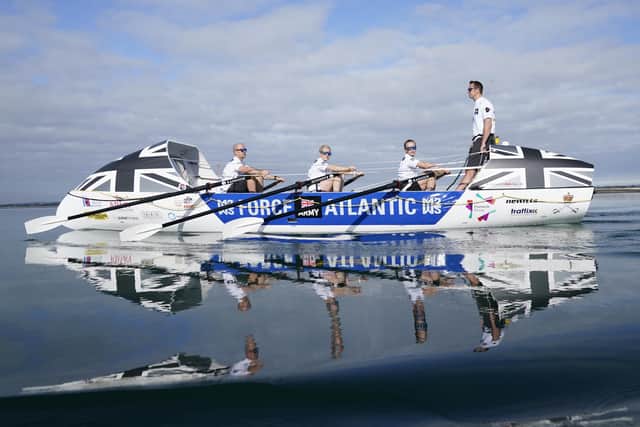 Instructors from the Royal Army Physical Training Corps, Captain Scott Pollock (standing), Staff Sergeant Phillip Welch (left), Warrant Officer Class 1 Victoria Blackburn (second left) and Sergeant Laura Barrigan, in training at Thorney Island near Chichester ahead of their attempt to row the Atlantic Ocean competing as the Force Atlantic 21 team in the Talisker Whisky Challenge. Picture date: Wednesday October 13, 2021.
