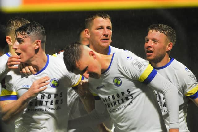 Hawks celebrate a goal during tonight's FA Cup win over higher division Torquay. Picture: Martyn White